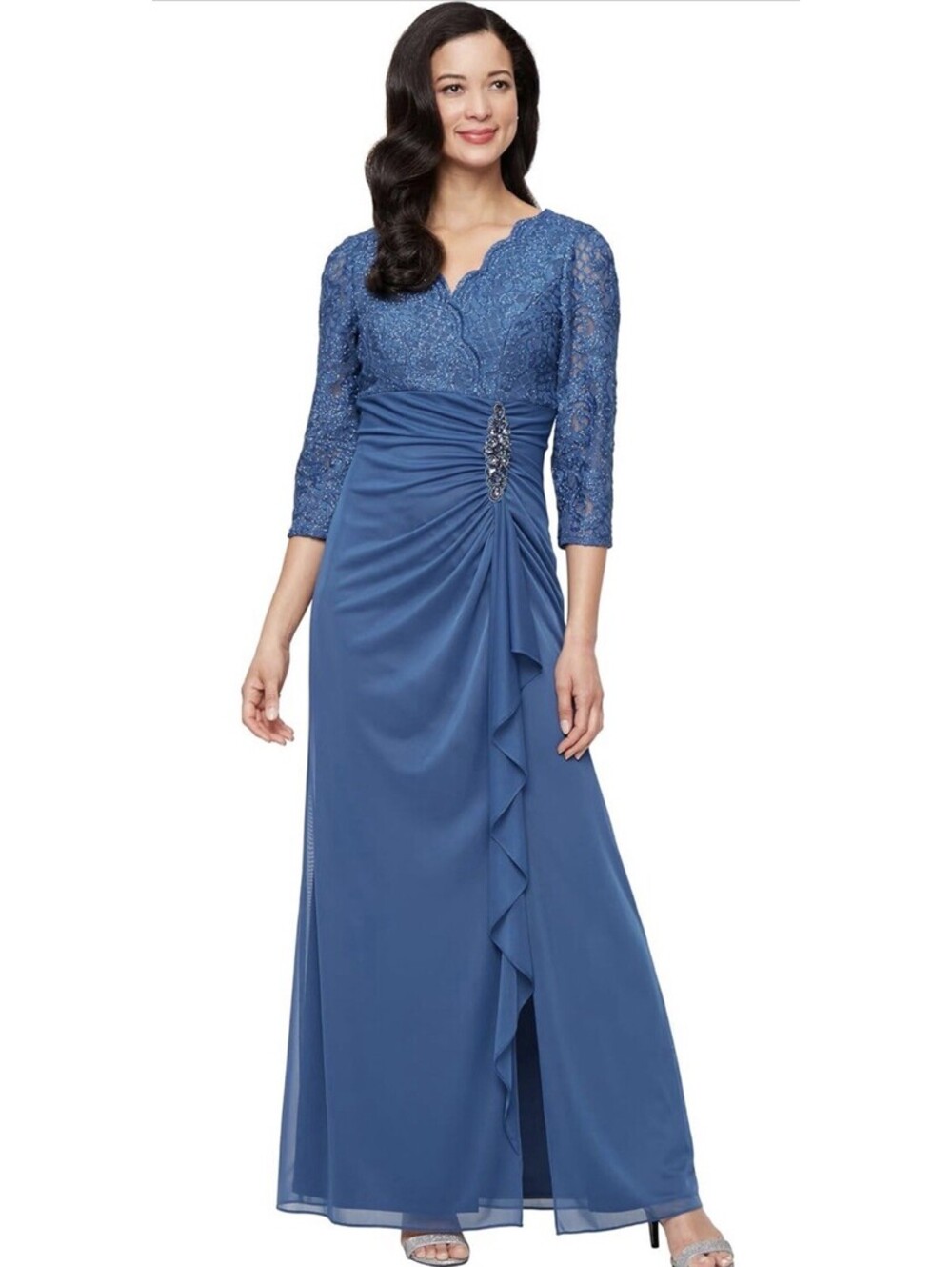 Alex Evenings Long Lace Top Empire Waist Dress Size 14P Wedgewood NWT $199